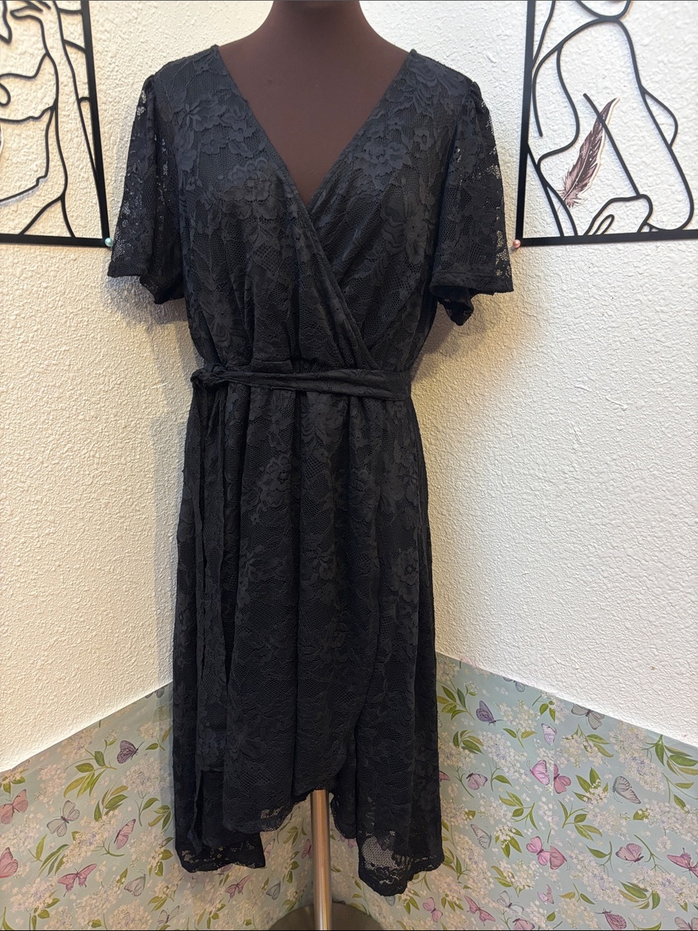 Torrid black floral lace with high-low design midi dress. Size 1X.